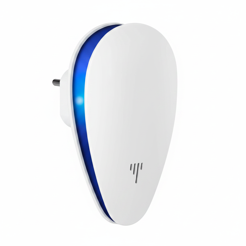 Ultrasonic pest repeller close up plug and grille detail white background
