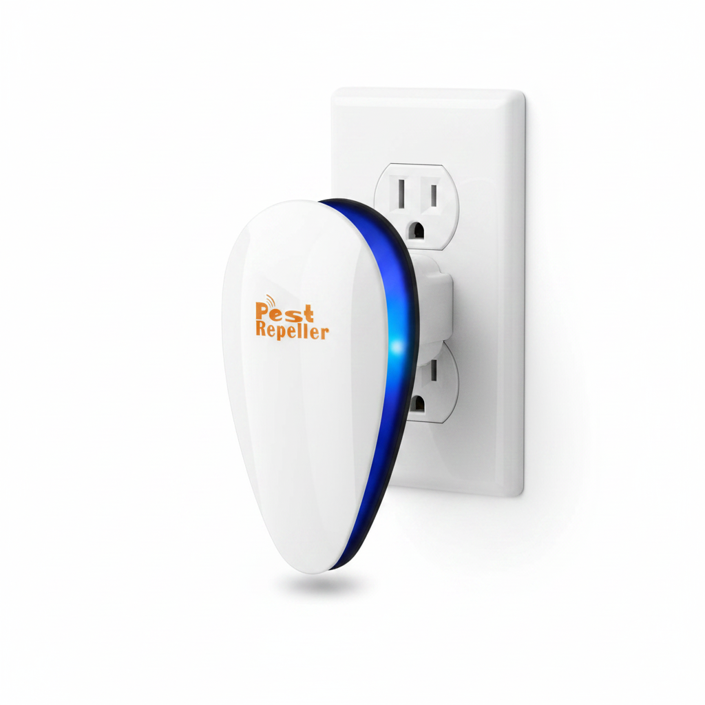 Ultrasonic pest repeller white plugged into wall outlet white background