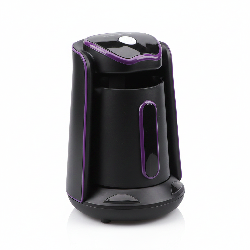 Portable electric coffee maker purple top angle white background